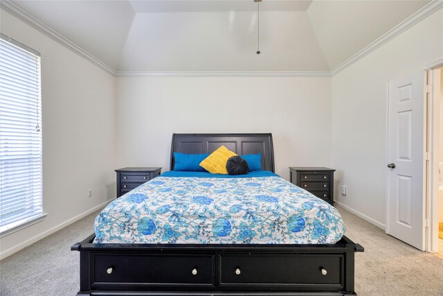 bedroom with baseboards, light carpet, lofted ceiling, and crown molding