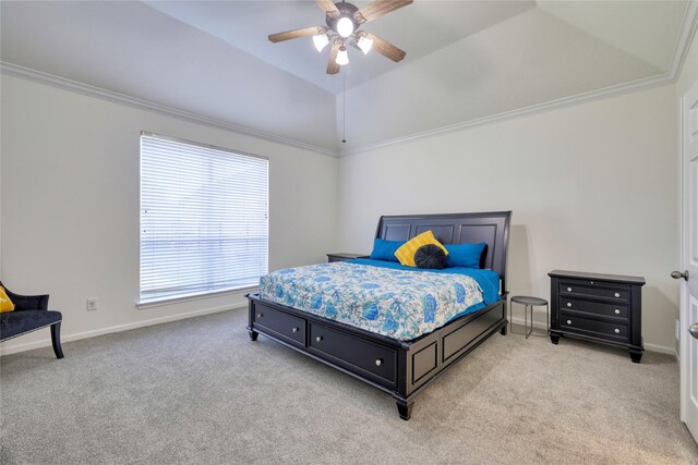 bedroom featuring light carpet, lofted ceiling, ornamental molding, a ceiling fan, and baseboards