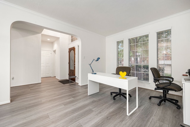 17614 Wind Mist Ln, Cypress, TX 77433 - office featuring ornamental molding, light wood finished floors, arched walkways, and baseboards