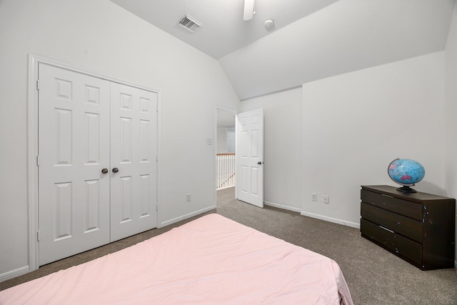 17614 Wind Mist Ln, Cypress, TX 77433 - bedroom featuring carpet, vaulted ceiling, baseboards, a closet, and a ceiling fan