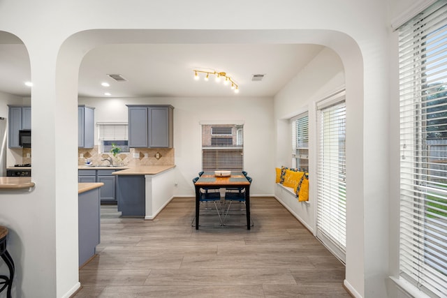 17614 Wind Mist Ln, Cypress, TX 77433 - kitchen featuring healthy amount of natural light, light countertops, tasteful backsplash, and recessed lighting
