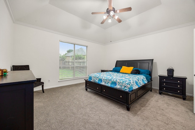 17614 Wind Mist Ln, Cypress, TX 77433 - carpeted bedroom featuring baseboards, a ceiling fan, ornamental molding, a raised ceiling, and lofted ceiling