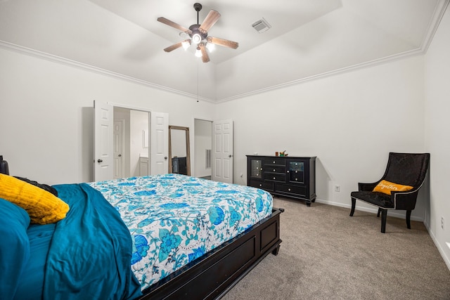 17614 Wind Mist Ln, Cypress, TX 77433 - bedroom featuring light carpet, crown molding, baseboards, a ceiling fan, and a high ceiling