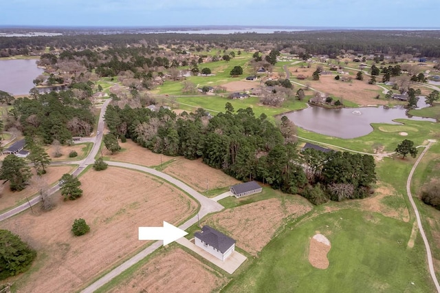 bird's eye view with golf course view and a water view