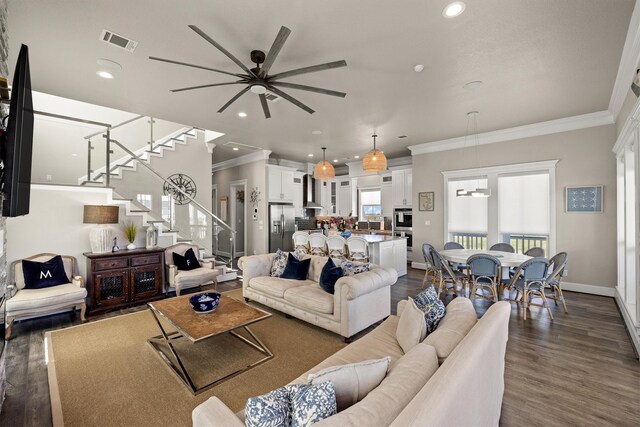 living room with visible vents, dark wood-type flooring, stairway, crown molding, and ceiling fan