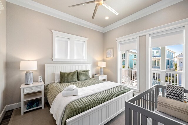 bedroom featuring visible vents, crown molding, ceiling fan, baseboards, and recessed lighting