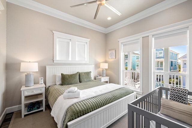 bedroom featuring recessed lighting, a ceiling fan, crown molding, and baseboards