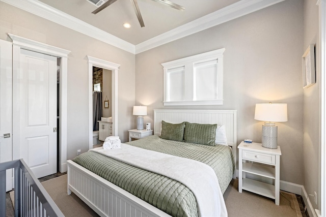 bedroom featuring a ceiling fan, baseboards, ensuite bath, recessed lighting, and crown molding