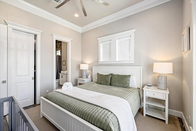 bedroom featuring baseboards, recessed lighting, ceiling fan, ornamental molding, and ensuite bathroom