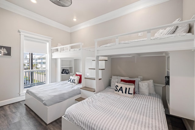 bedroom with recessed lighting, crown molding, dark wood-type flooring, and baseboards
