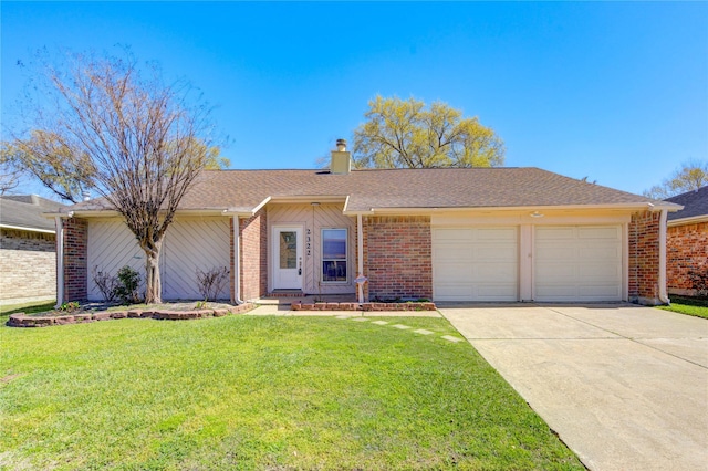 ranch-style home featuring a front lawn, concrete driveway, an attached garage, brick siding, and a chimney