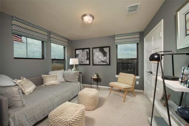 bedroom featuring visible vents, baseboards, and carpet