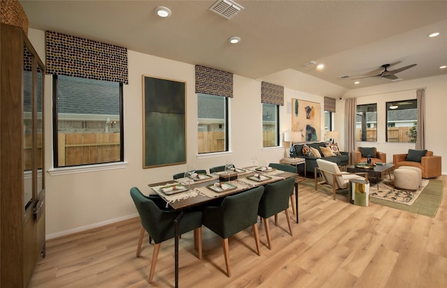 dining space with visible vents, recessed lighting, light wood finished floors, baseboards, and ceiling fan