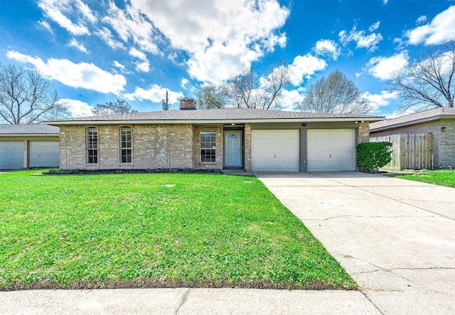 ranch-style home featuring concrete driveway, a front yard, a garage, brick siding, and a chimney