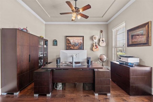 home office featuring dark wood-style flooring, ceiling fan, and crown molding