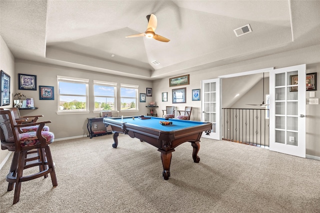 rec room with visible vents, billiards, a tray ceiling, carpet, and ceiling fan