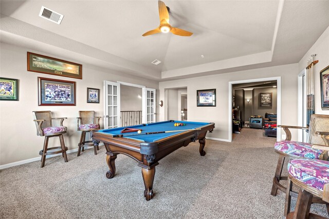 game room featuring visible vents, french doors, pool table, and a tray ceiling