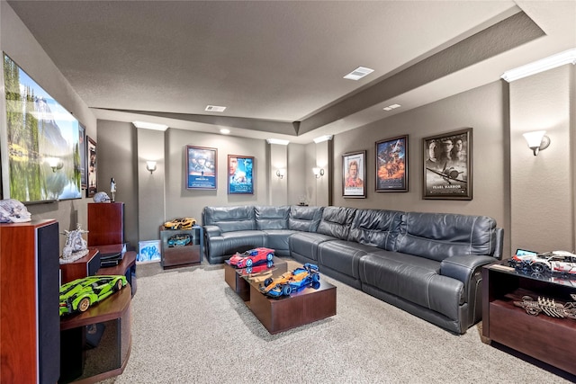 living area with visible vents and carpet floors