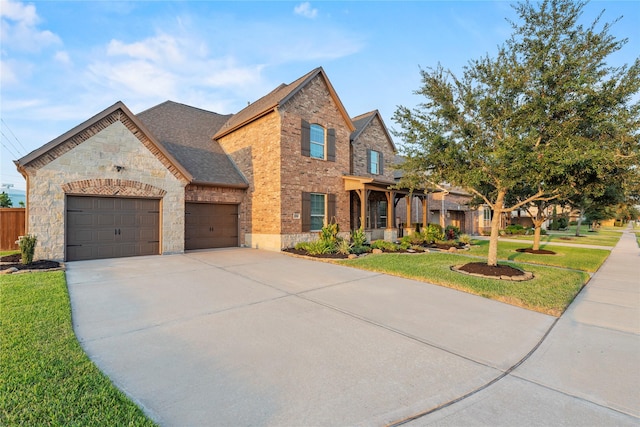 view of front of property with driveway, a front lawn, stone siding, a garage, and brick siding