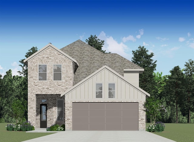 view of front of property with brick siding, board and batten siding, a front yard, roof with shingles, and driveway