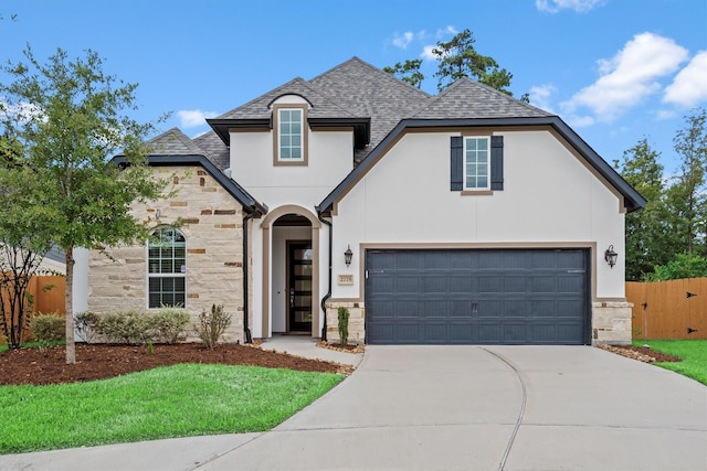 french country style house with stone siding, a shingled roof, concrete driveway, and fence