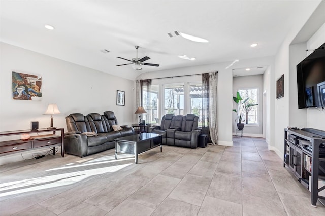 living room featuring visible vents, recessed lighting, a ceiling fan, and baseboards