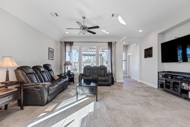 living area with visible vents, baseboards, and a ceiling fan