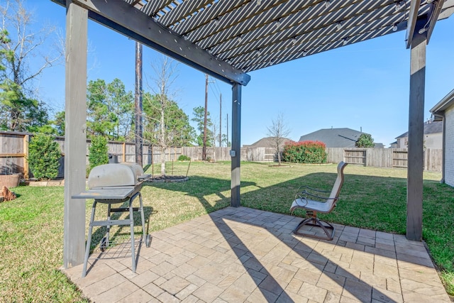 view of patio featuring a fenced backyard, a pergola, and a grill