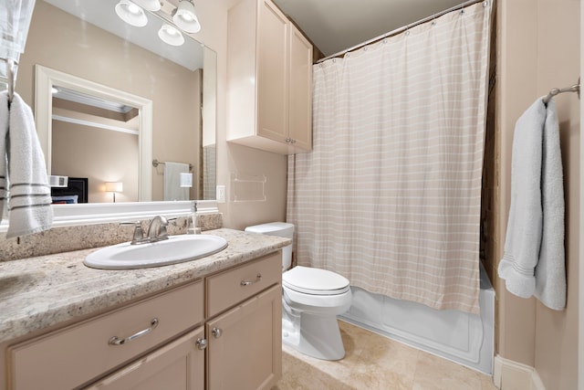 full bathroom featuring vanity, shower / tub combo, toilet, and tile patterned flooring