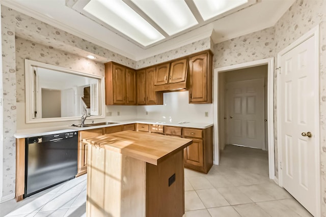 kitchen with wallpapered walls, black dishwasher, light tile patterned floors, wood counters, and a sink