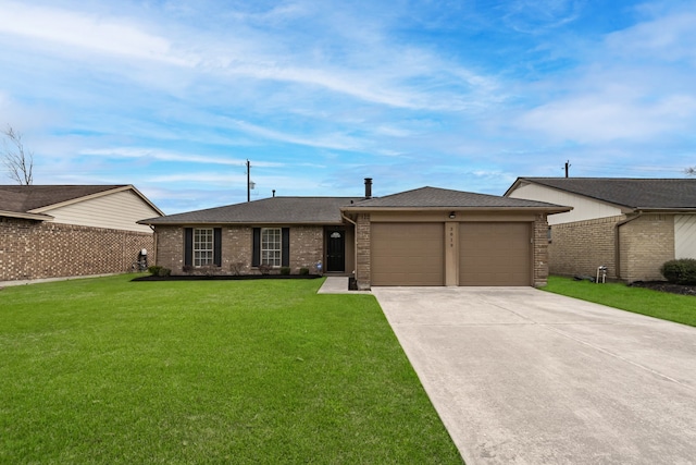 ranch-style house featuring brick siding, a front lawn, fence, a garage, and driveway