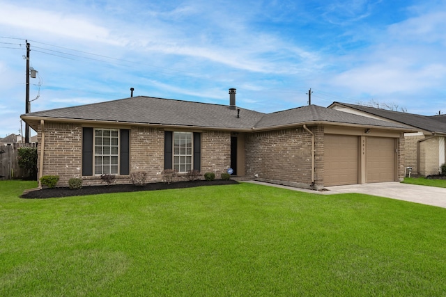 view of front of property featuring a front yard, a garage, brick siding, and driveway