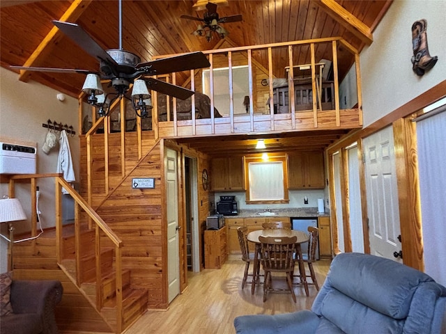 kitchen featuring high vaulted ceiling, a ceiling fan, open floor plan, wooden ceiling, and light wood finished floors