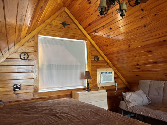 unfurnished bedroom featuring wooden ceiling, wood walls, and a wall mounted AC