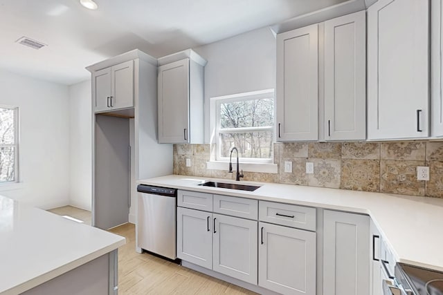 kitchen featuring visible vents, a sink, light countertops, appliances with stainless steel finishes, and tasteful backsplash