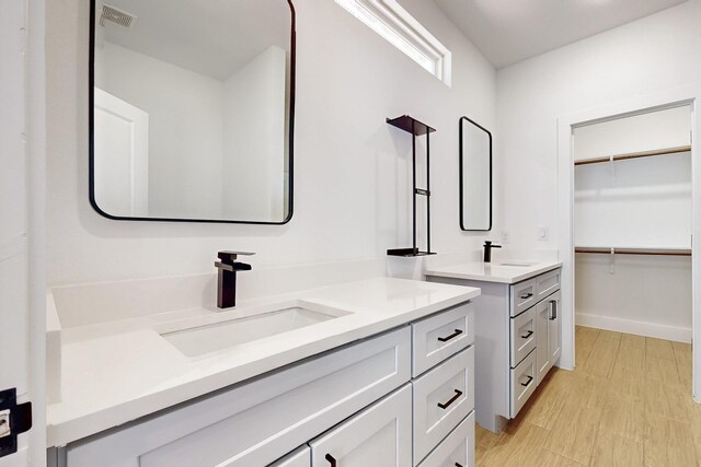 full bathroom with a walk in closet, two vanities, visible vents, and a sink