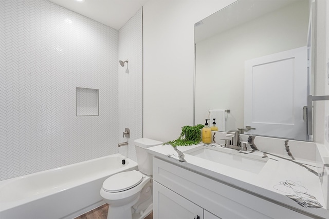 full bathroom with toilet, bathtub / shower combination, and vanity