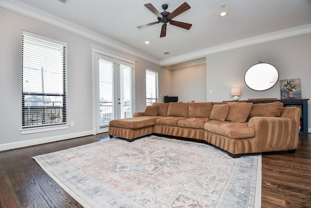 living room featuring baseboards, dark wood finished floors, ceiling fan, ornamental molding, and french doors