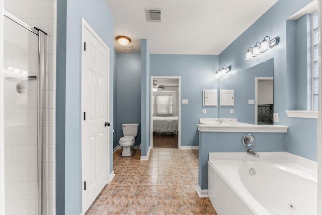 bathroom featuring visible vents, an enclosed shower, a garden tub, toilet, and connected bathroom