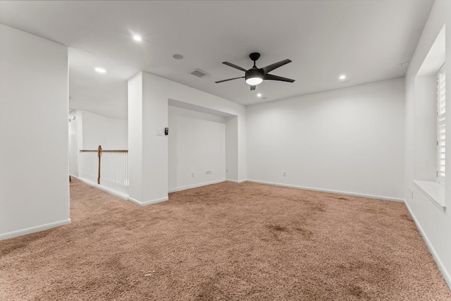 unfurnished room featuring visible vents, recessed lighting, ceiling fan, and carpet floors