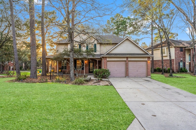 view of front facade featuring a porch, concrete driveway, an attached garage, a front yard, and brick siding