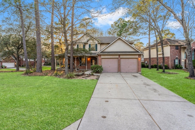 traditional home with a front lawn, roof with shingles, concrete driveway, a garage, and brick siding