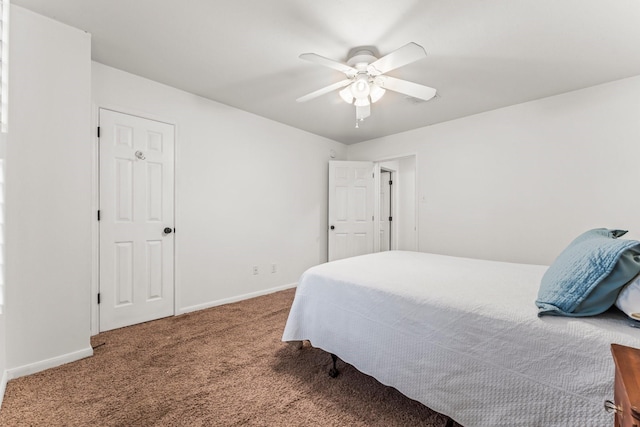 bedroom featuring baseboards, carpet floors, and ceiling fan