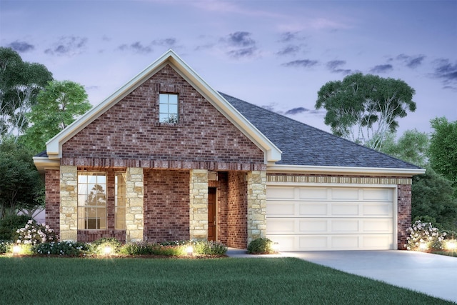 view of front of home with a shingled roof, concrete driveway, a garage, stone siding, and brick siding