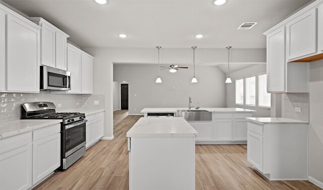 kitchen featuring a sink, wood finish floors, a kitchen island, and appliances with stainless steel finishes