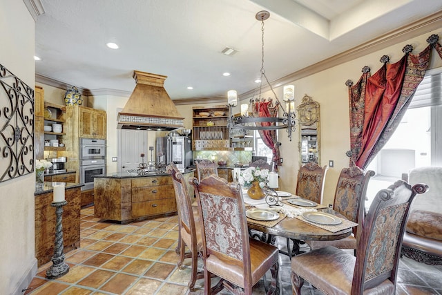 dining area featuring light tile patterned floors, visible vents, ornamental molding, and recessed lighting