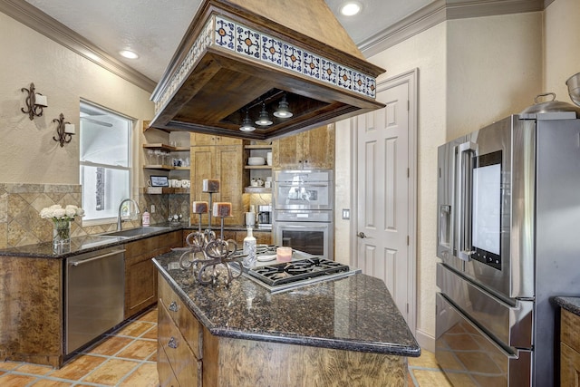 kitchen featuring open shelves, custom exhaust hood, ornamental molding, a sink, and appliances with stainless steel finishes