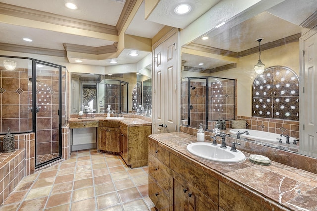 bathroom featuring a shower stall, crown molding, a garden tub, recessed lighting, and vanity