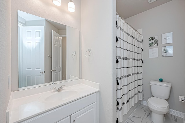 bathroom with toilet, marble finish floor, curtained shower, baseboards, and vanity