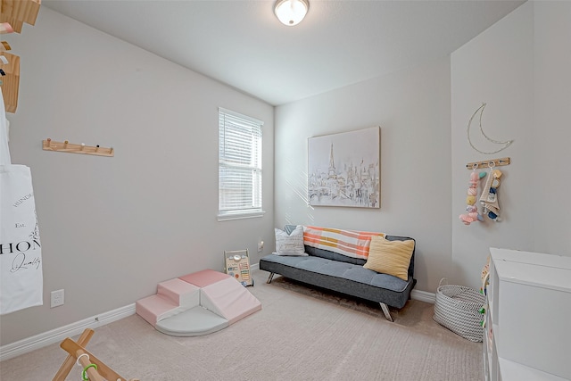 living area featuring baseboards and carpet floors